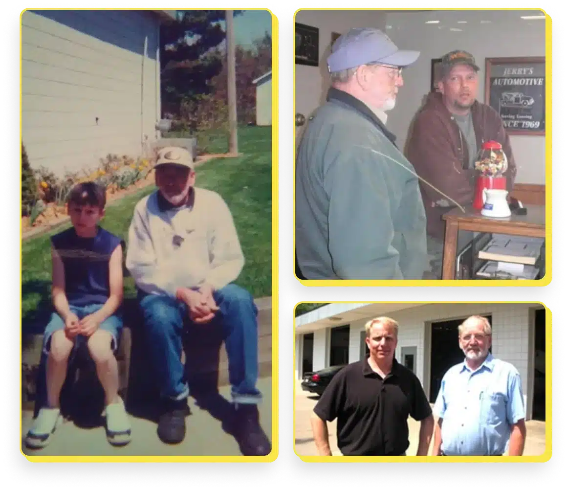 At Jerry's Automotive. A collage of three photos: Left shows a child and an older man sitting outside on a sunny day. Top right features two men talking indoors near a counter with a toy machine. Bottom right shows two men posing side-by-side outside a building.