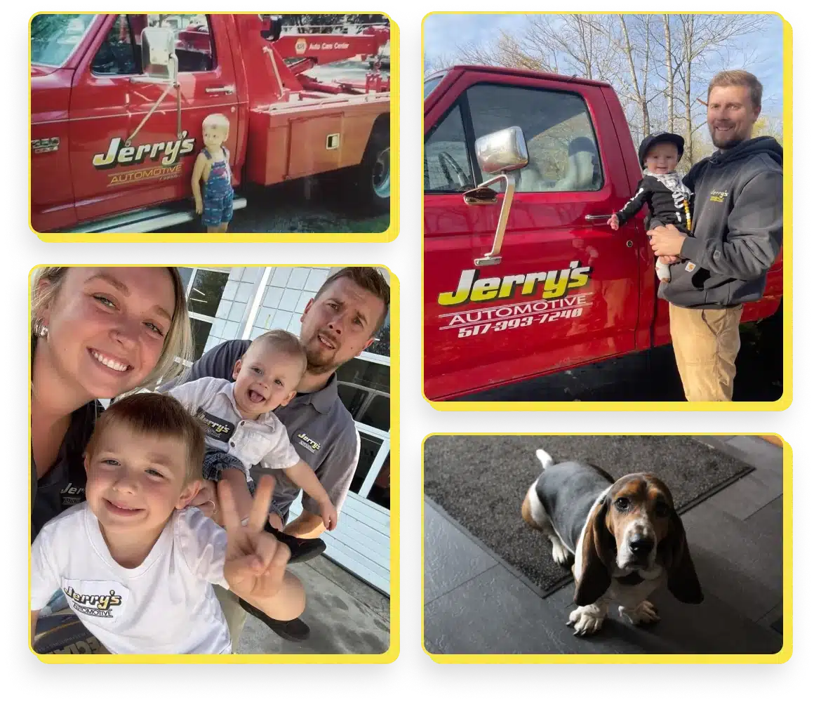 At Jerry's Automotive. Collage of images: A child by a red Jerrys Automotive truck, a man holding a child by a similar truck, a family selfie with two children, and a Basset Hound dog indoors.