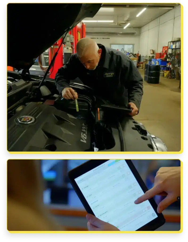 At Jerry's Automotive. Top image: A mechanic in a garage examines a car engine with a diagnostic tool.  
Bottom image: A person points to a tablet screen displaying diagnostic information.