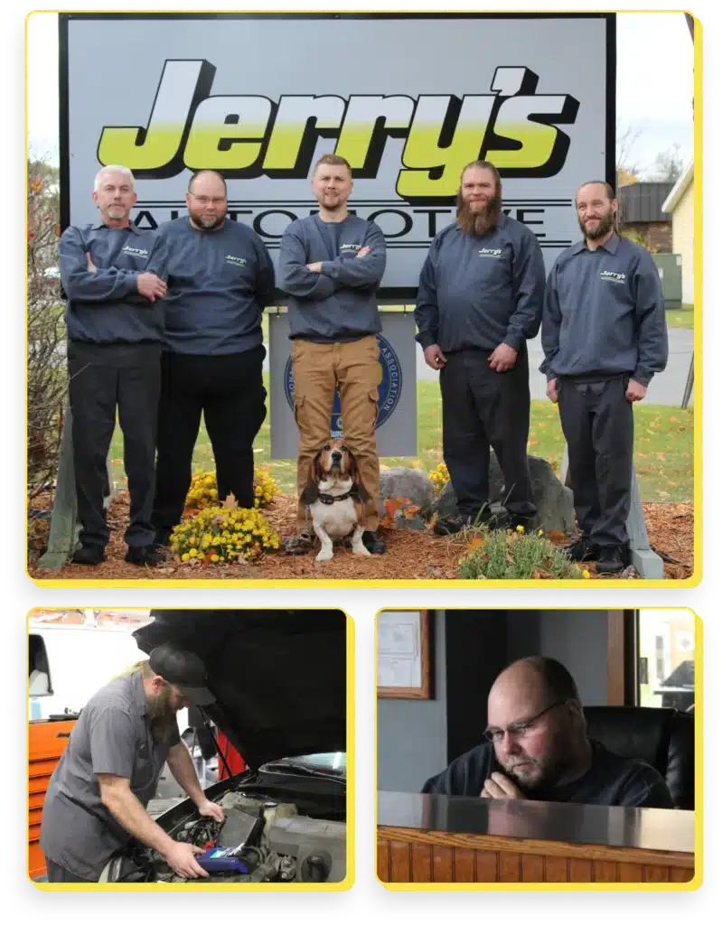 Careers, auto repair in Lansing, MI at Jerry's Automotive. A group of five men and a dog stand in front of a Jerrys Automotive sign. Below, one man works on a car engine, and another is on the phone at a desk. Everyone wears matching grey shirts with the company logo.