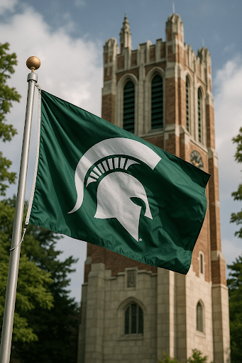 Michigan State University flag with Spartan helmet logo waving in front of the iconic Beaumont Tower on a sunny day.