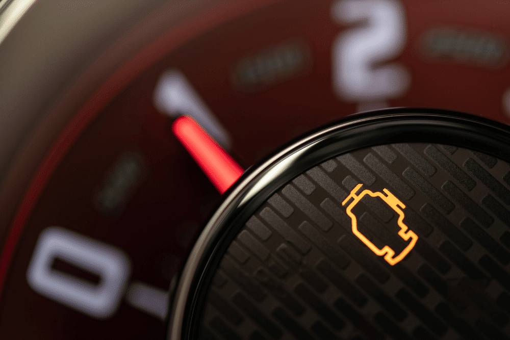 Check engine light diagnostics in Lansing, MI by Jerry's Automotive. Image showing a close-up of an illuminated check engine light on a vehicle dashboard, emphasizing the importance of timely diagnostics and repair.