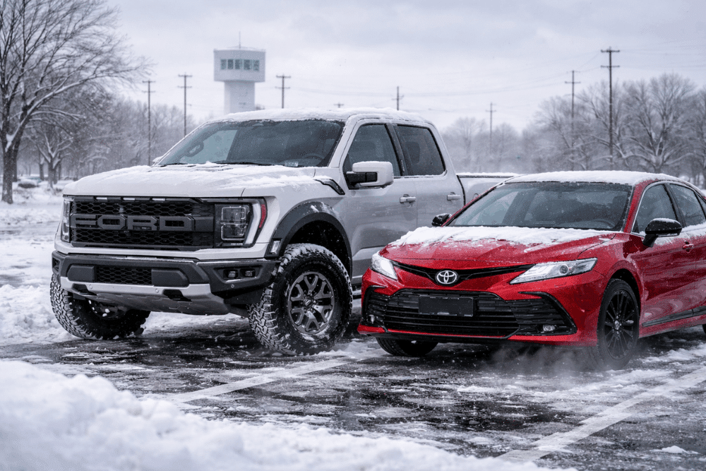 Winter car maintenance, auto repair in Lansing, MI by Jerry’s Automotive. Image of a Ford pickup and Toyota sedan parked in snowy conditions, highlighting cold-weather safety checks, tire traction, and winter readiness for Michigan drivers.