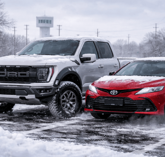 Winter car maintenance, auto repair in Lansing, MI by Jerry’s Automotive. Image of a Ford pickup and Toyota sedan parked in snowy conditions, highlighting cold-weather safety checks, tire traction, and winter readiness for Michigan drivers.