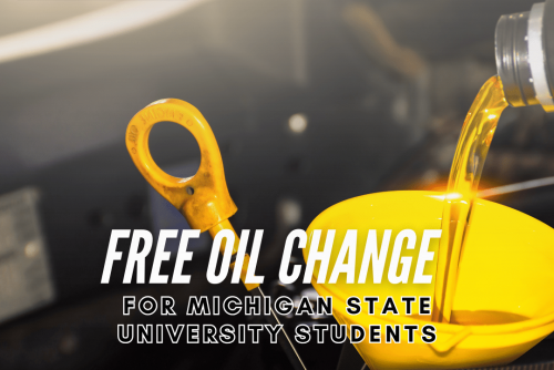 auto repair near MSU, auto repair in Lansing, MI at Jerry's Automotive. Image shows golden motor oil being poured into a yellow funnel with a dipstick nearby, promoting a student special for Michigan State University students.